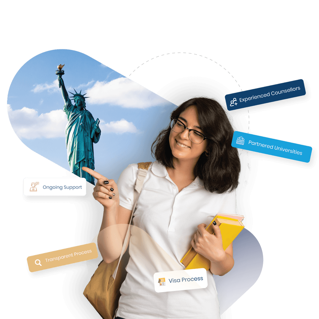 Happy student with books and backpack ready to study abroad