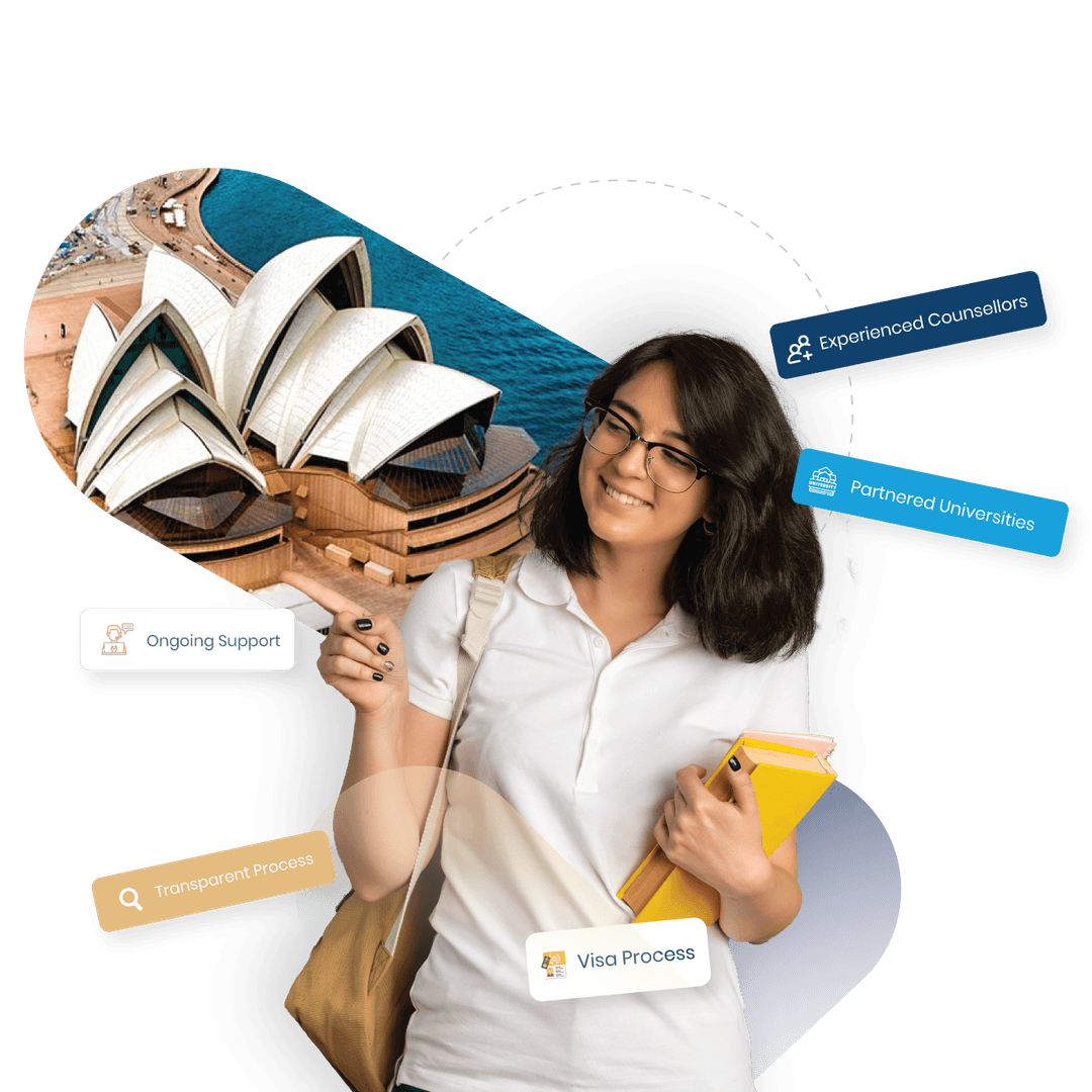 Happy student with books and backpack ready to study abroad