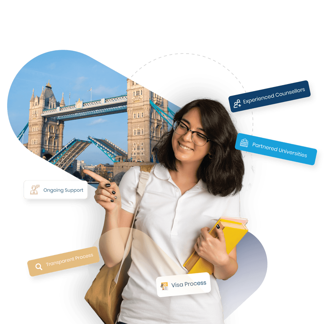 Happy student with books and backpack ready to study abroad